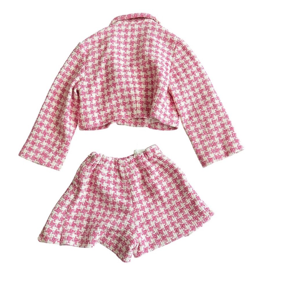 Zara Girls Pink & White Houndstooth Cropped Jacket & Skort Set Size 7 - Picture 6 of 7